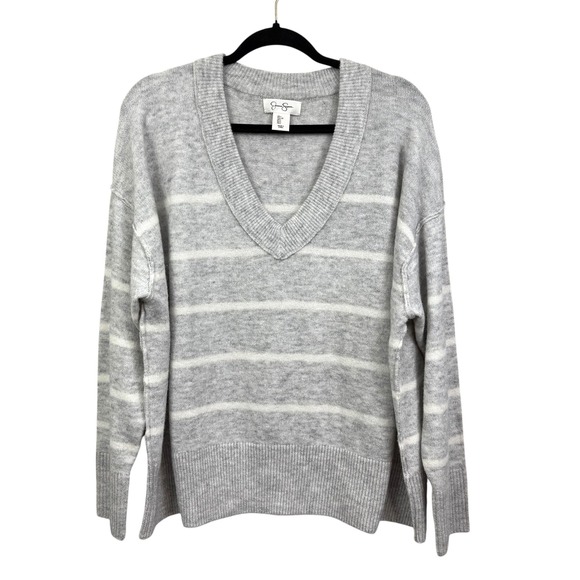 Jessica Simpson Womens Striped Knit Sweater V-Neck Pullover Gray White Size L - Picture 1 of 6
